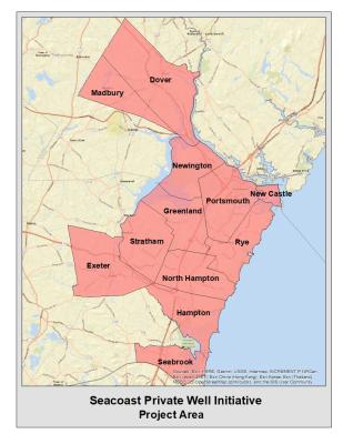 A map showing the seacoast private well initiative project area. Towns within the area include: Dover, Madbury, Newington, Portsmouth, New Castle, Greenland, Rye, Strathman, North Hampton, Hampton, Exeter and Seabrook.
